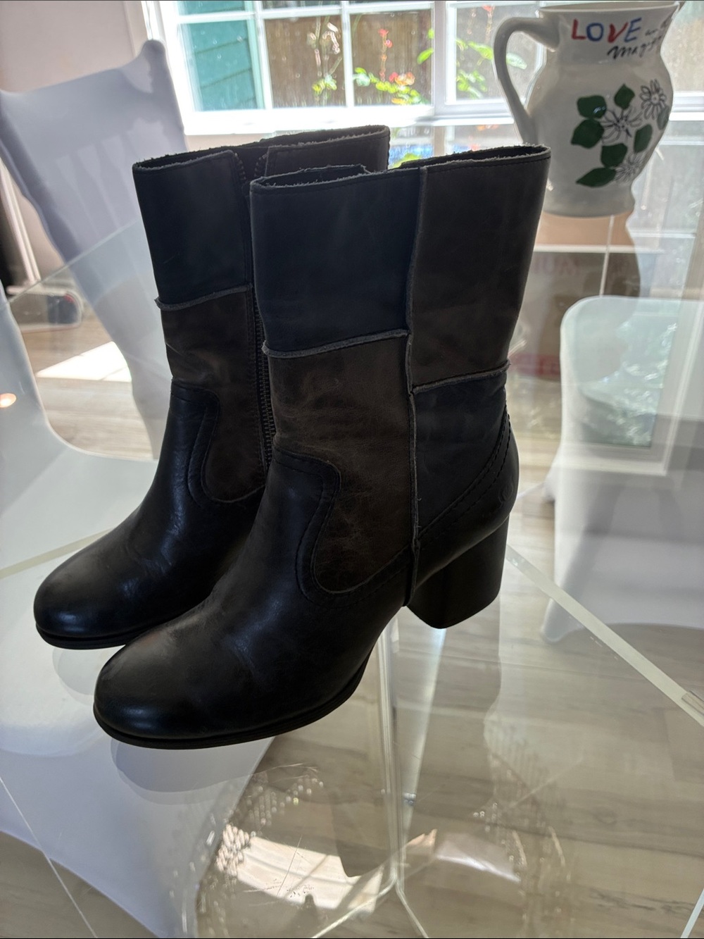 Born Two-Tone Black and Dark Brown Mid-Calf Block Heel Boots